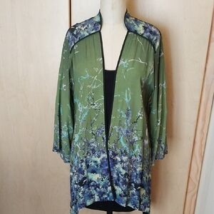 Citron Green Floral Open Kimono Cardigan Rayon Crepe.  Size Medium